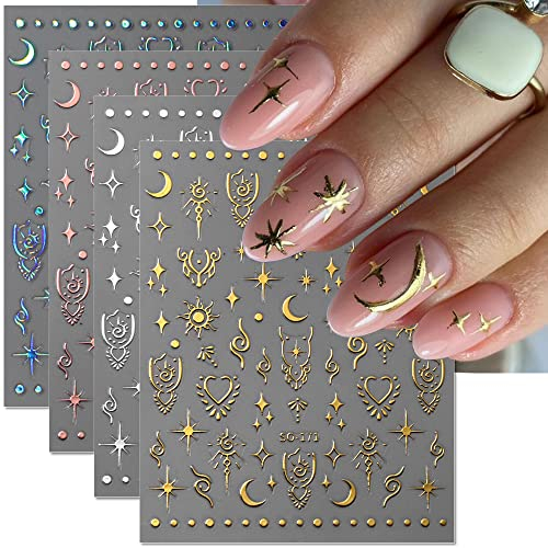 8 Blätter 3D Sonne Mond Stern Nagelsticker Selbstklebend Holographische Laser Nail Sticker Boho Sonne Mythologie Totem Nagelaufkleber Sterne Herz Nageldesign Nail Art Stickers Nagelfolie Nägel Zubehör