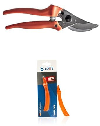 Original LÖWE Set bestehend aus Bypass Rosenschere 14.104 zum Schneiden von Rosen, Zweigen, Ästen und Schnittblumen & Klingenschärfer 0022 für Gartenscheren und Industriescheren