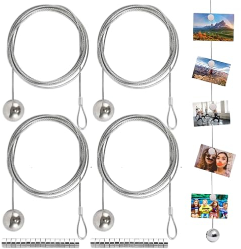 AhLmA 4er Fotoseil mit Magneten 2m x 1,5mm Magnetische Fototaschen Fotodrahtseil mit 48 Magneten Drahtseil mit Klammern für Fotos Horizontales Fotodrahtseil zum Aufhängen von Fotos, Postkarten