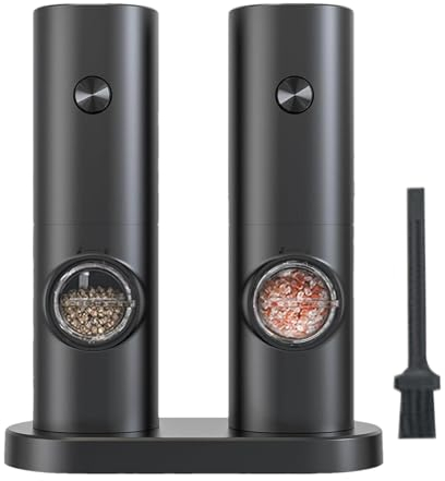 Molinillo eléctrico de sal y pimienta,Molinillo de pimienta a pilas - Molinillo de pimienta automático de 2 piezas con base - Molinillo automático de condimentos con luz LED, funciona con pilas, con B