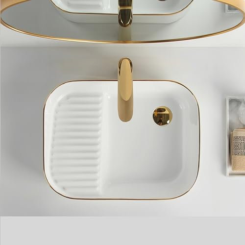 Lavandino in ceramica bianco sopra il bancone con gocciolatoio per bagni, balconi, lavanderie - Lavanderia con lavatoio per hotel e cortili esterni