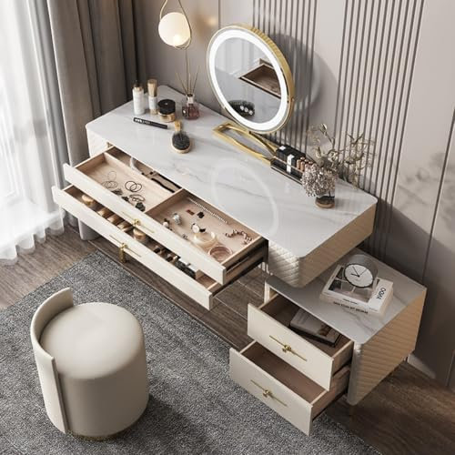 SFJATTA Tavolo da trucco con specchio e luci, Toeletta da Trucco Moderna con Specchio Illuminato, Tavolini da Toilette per Camera da Letto per Donne e Ragazze, Facile da Montare(100cm/35.4in)