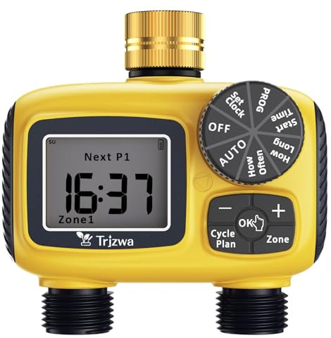 TRJZWA Computer per Irrigazione con 2 Uscite Irrigazione a Goccia Programmabile con Ingresso in Ottone, Irrigazione Automatica Temporizzata IP55 Impermeabile Sistema di Timer per Irrigazione Digitale