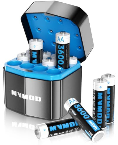 MVMOD Wiederaufladbare AA Akkus 12er-Pack mit Ladegerät, 1,5V 3600mWh AA Wiederaufladbare Lithium Batterien mit Integrierter Schnelles Aufladen Aufbewahrungsbox (2000 Zyklen) Schwarz