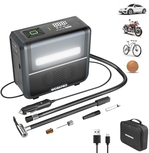 WORKPRO 3-in-1 Tyre Inflator Air Compressor with LED Light, 12 V Car Tyre Pump 150 PSI with Digital Display, Automatic Shut-Off & Dual Power Supply Modes, Cordless Tyre Inflator for Car, Motor, Bike