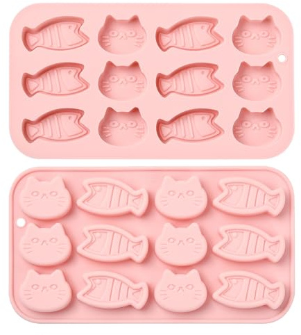 Stiesy Lot de 2 moules en silicone réutilisables à 12 cavités en forme de chat et de poisson - Moules à fondant et gâteau en silicone - Moules à gâteau en forme d'animal mignon - Moules de cuisson au
