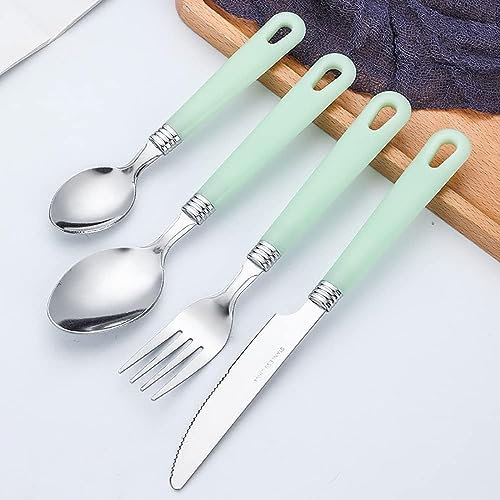 Reusable Utensils Set, Green Cutlery Silverware Set 24-Piece for 6 People Utensils 18 10 Stainless Steel Including Knife Fork and Spoon,Mirror-Polished Dishwasher Safe