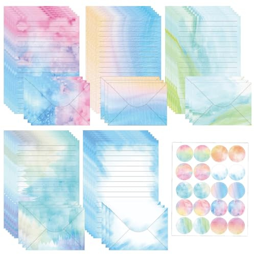 65pcs Watercolor Letter Paper Envelopes Set,30 Sheets A5 Letter Papers with 15 Envelope and 20 Sealing Stickers,Pretty Stationery Set for Love Letters Creative Party Birthday Invitation (Watercolor-B)