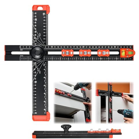 Regla de posicionamiento 4 en 1, aluminio, 400 mm | Con doble nivel de burbuja, longitud y ángulo ajustables para estanterías, muebles y carpintería