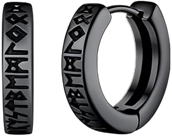 Bewenda Wikinger Creolen Herren, Wikinger Ohrringe Creolen mit Elder Futhark Runen, Rune Huggies Ohrringe Männer Kreolen Klein, Unisex Kreolen Piercing Punk Ohrschmuck mit Geshenkebox - Schwarz/Silber