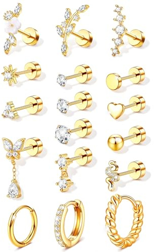 Minnario 17Pcs Helix Piercings Chirurgenstahl Ohrringe Piercing Set Flatback Ohrstecker Ohr Piercings Creolen Helix Knorpel Ohrringe Damen Gold Silber Conch Tragus Piercing Ohr (Einzelner Ohrring)