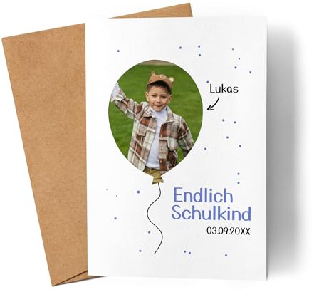 Kiddle-Design Karte Schulkind 2026 Mädchen Junge, Einschulung Schulanfang personalisierte Grußkarte mit Name und Foto, Einschulungskarte zum ersten Schultag für Erstklässler