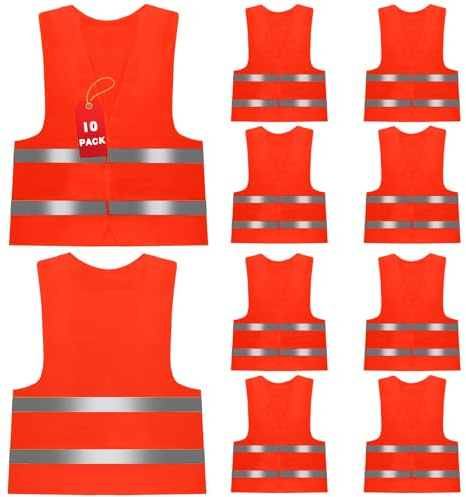 10 Pièces Gilet de Sécurité, Gilet Haute Visibilité, Gilets Haute Vêtements De Travail Respirants avec des Bandes Réfléchissantes pour Conducteurs, Travailleurs BTP, Cyclistes, Rouge Fluorescen