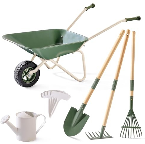 ROBUD Kids Wheelbarrow with Gardening Tools Set, Metal Wheelbarrow with Long Shovel, Hoe, Rake, Watering Can & Plant Labels, Kid Garden Tools Kit, Outdoor Gifts Toys for Girls Boys Age 3-14, Green