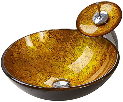 Lavabo Moderno De Vidrio Templado para Baño, Redondo, Dorado, con Grifo Cascada Y Desagüe Emergente.