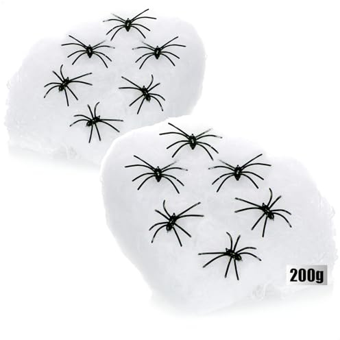 com-four® 14-teiliges Deko-Set für Halloween, 200g dehnbares Spinnennetz | gruseliges weißes Spinnengewebe als Dekoration für Halloween - Fasching - Horror- oder Mottopartys