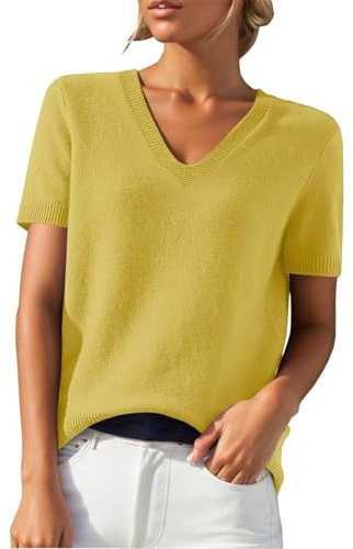 PODOLIXIA Jersey de manga corta para mujer, cuello de pico, de punto, monocolor, manga corta, jersey de punto fino, suave, respetuoso con la piel, para verano, suéter para mujer