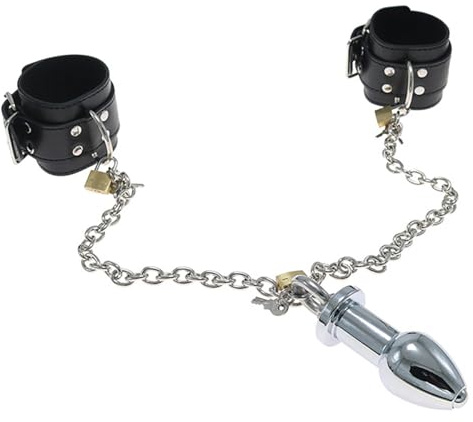 Set Bondage métal SM : menottes + plug anal verrouillable avec cadenas, accessoire fétiche pour couples, hommes & femmes, kit jeux domination et bonds extrêmes