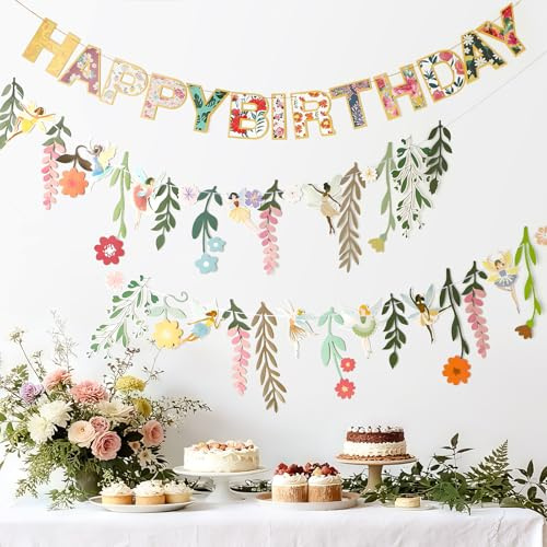 PtyPop Blumen Girlande Papier Wildblume Deko mit Happy Birthday Girlande | Geburtstag Girlande für Gartenparty Frühling Sommerdeko Geburtstag Party Deko für Kinder Mädchen Frauen