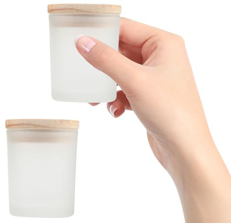Alipis 2 Vasos para Velas DIY de Vidrio Esmerilado Blanco Diámetro 5 CM X Altura 6 CM Tapa de Madera Recipiente para Velas Casero Frasco Pequeño Apto para Decoración Sala y Dormitorio