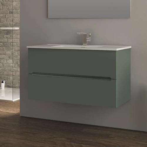 Yellowshop | Mobile Bagno Sospeso 100 cm in MDF PVC con Lavabo in Ceramica KIM, 2 Cassetti Soft-Close e Maniglia a Gola – Design Moderno – Composizione con Lavabo (Verde Opaco)