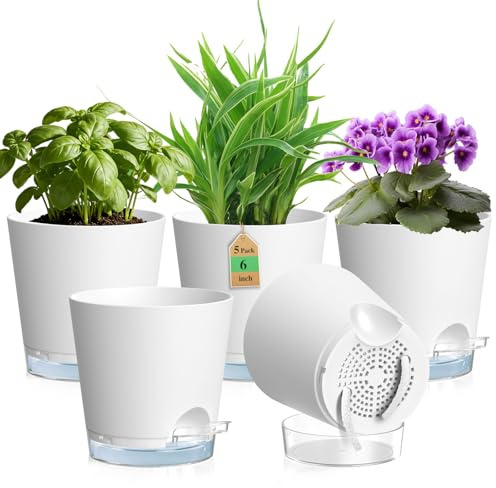 WSMKSZ 15cm Selbstbewässerungstopf, 5er Set Kunststoff Blumentöpfe, Weiß | Pflanztöpfe mit Abflusslöchern & Transparentem Untersetzer, Sichtbarem Wasserstand, mit Baumwolldocht, für Innen Außen