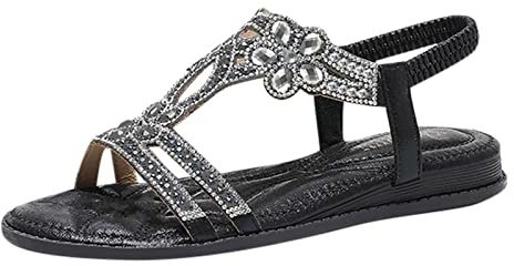 Glittersandaler med kilklack damer sommar t-remmar sommarskor sandaler med strass gummiband Slingback bohemiska damsandaler sandaler mjuka sulor bekväma strandsandaler eleganta sandaler, svart, 40 EU