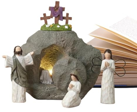 Kristen krubba set - mått 17 x 17 x 6 cm, heliga veckans berättande skulptur, trosbaserat tecken han har uppstått | Golgata bord trädgård sten frälsare staty av P