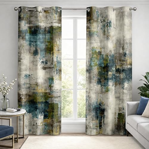 Luxfieo Abstrakt Vorhänge Beige Grün Petrol Pinselstrich Vorhang Blickdicht Gardinen Verdunklungsvorhänge mit Ösen Thermovorhang für Wohnzimmer Schlafzimmer Fenster Deko 2er Set H 137 x B 117 cm