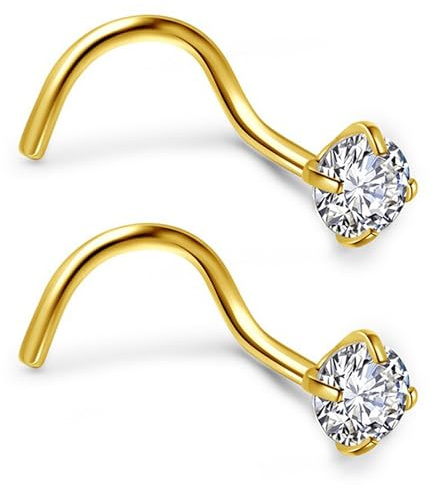 Jovivi 2pc 20G Stainless Steel Clear Cubic Zircon Nose Stud Curved L Shaped Screw Nose Ring Gold Nose Piercing Nose Studs For women Jewellery