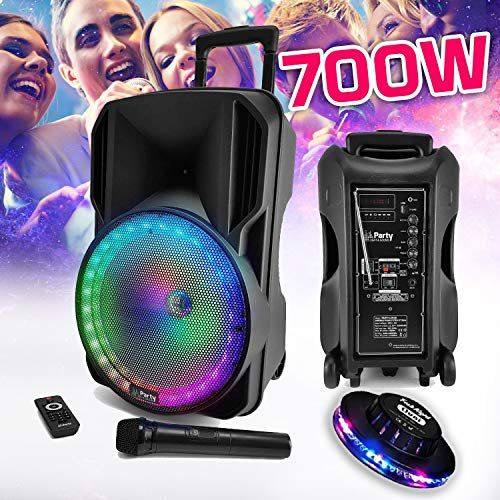 Enceinte sono DJ PARTY KARAOKE 700W Batterie Disco Mobile 12 à LED RGB USB/MICRO SD/Bluetooth / RADIO FM + Micro VHF + OVNI Ufo