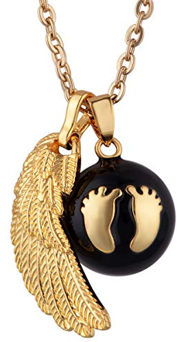 AEONSLOVE Collier Bola de Grossesse avec Petites Empreintes, Collier Musique Carillon Bell Pendentif de Ailes d'Anges pour Femmes Enceinte Bébé Cadeau Original Noel, 114cm