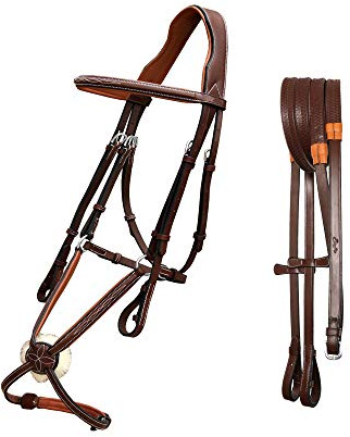 Exion Jumping Horse Bridle | Anatomical Figure 8 Bridle with Fancy Stitching & Padded Grackle Noseband | Rubber Grip Reins & SS Buckles | English Tack for Equestrian Show & Training