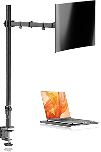 Suptek Monitor Arm mit Laptop Halterung, Volleinstellbar für 13-27 Zoll LCD LED Bildschirm bis zu 17 Zoll Notebook, Extra Hoher Einzel Monitor Halterung mit Laptop Arm(80 cm Stange) MD6821TP004