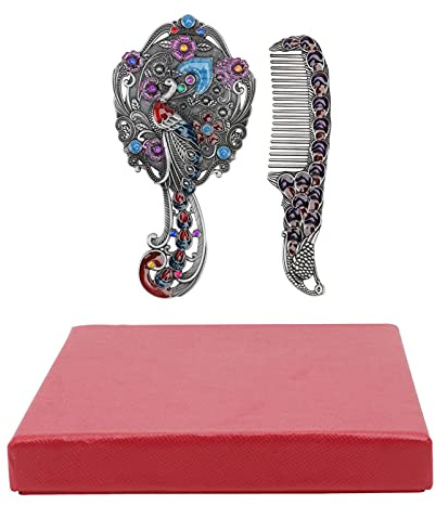 FRCOLOR Black Antique Peacock Mirror and Comb Set Vintage Metal Embossed Handheld Mirror Peacock Makeup Mirror Decorative Cosmetic Mirror Travel Handle Mirror