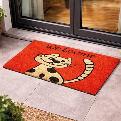 Carpido Eingangsmatte Kokos Türmatte Innen - Katze 40 x 60 cm (Rechteckig) | Rutschfeste Motiv Fußmatte 100% Kokosfaser Fussmatte natürliches Material für Innenbereich & überdachten Außenbereich robust
