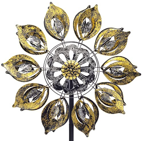 HAFIX Windrad Windgold 3D Optik Ø58cm. Windspiel für den Garten aus Metall. Windmühle mit Höhenverstellung dekorativ einzigartiger Blickfänger, wetterfest & UV-beständig in Gold & Silber H: 185cm.