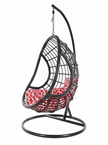 KIDEO großer Hängesessel inklusive Gestell und Kissen, Polyrattan schwarz (Kissen: Chesterstepp rot-weiß Gemustert [3100 red Letter])