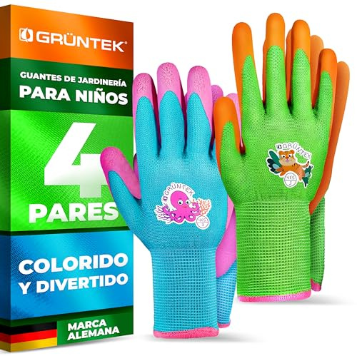 GRÜNTEK Guantes de Jardinería para Niños y Niñas - Talla 4 (XXXS / 3XS) - Juego de 4 pares - Testado y Certificado según EN 420 & EN 388 - revestimiento de espuma de latex