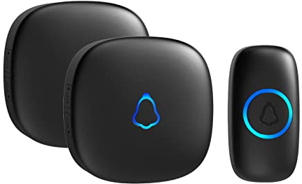 Timbre Inalámbrico Exterior Impermeable, Doorbell con 2 Receptores + 1 Botón a Pila, 58 Melodías, 5 Niveles Volumen 0–120 dB, Luz LED, 300 m Alcance, Campainha Sem Fios para Casa, Negro