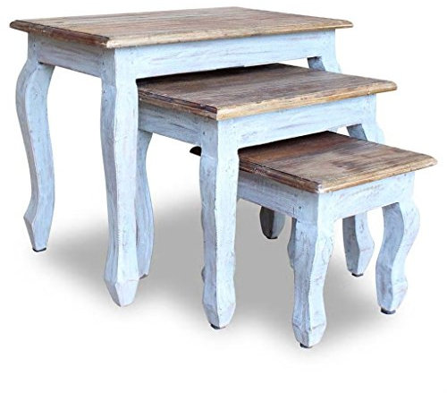 Mogou Beistelltische 3er Set, Tabletttisch, Blumenhocker, Nachttisch, Couchtisch, Wohnzimmer, Nightstand, Altholz Massiv