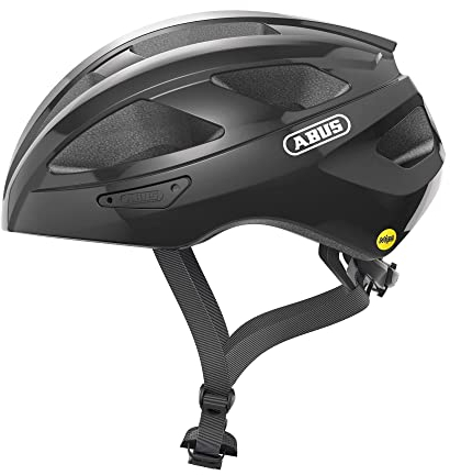 ABUS Rennradhelm Macator MIPS - Fahrradhelm für Einsteiger mit Schirm - geeignet Zopfträger - Damen und Herren - Schwarz Glänzend, Größe L, L (58-62 cm)