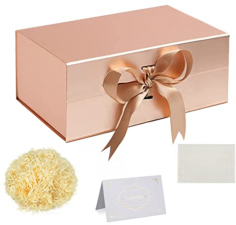 Roségold Geschenkbox mit Schleife 28x18x12cm Tiefe Geschenkbox mit Magnetdeckeln zerrissenes Seidenpapier Grußkarten für Weihnachten Geburtstag Hochzeitstag