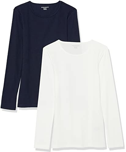 Amazon Essentials Top Girocollo in Maglia a Costine a Maniche Lunghe vestibilità Slim (Disponibile in Taglie Forti) Donna, Pacco da 2, Bianco/Blu Marino, XL
