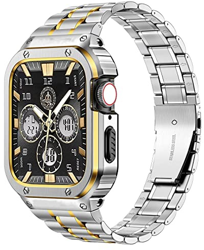 MioHHR Stainless Steel Watch Band with Case Compatible for Apple Watch Bands 38/40/41/42/44/45/46/49mm,Rugged Strap with Metal Cover for iWatch Ultra 3/2/1 Series 11/10/9/8/7/6/5/4/SE/3/2/1 for Men