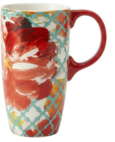 Topadorn Ceramic Travel Mug with Lid, 17oz Red Floral Print Tea Cup