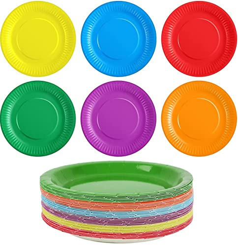 LATERN 90 Stück Bunte Pappteller, 7 Zoll Einweg Pappteller Dessertteller Teller für Hochzeit Geburtstag Party Picknick Babyparty DIY Malerei (6 Farben)