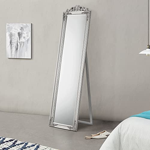 [en.casa] Specchio da Terra con Cornice in Eucalipto Stile Barocco Specchio Rettangolare da Figura Intera Autoportante Inclinabile per Camera da Letto Ingresso 160x40 cm Argentato
