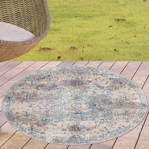 CARPETIA In- & Outdoor Teppich Rund Vintage Türkis Rost Sand Ø 120 cm | Pflegeleicht, UV-beständig, formstabil und saugrobotergeeignet, OEKO-TEX geprüft, für Balkon, Terrasse & Wohnräume
