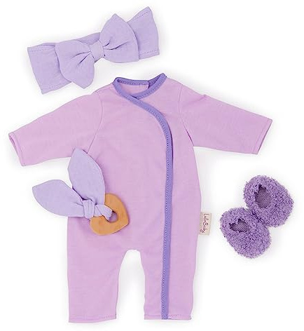 LullaBaby – 14-tums babydockkläder – lila pyjamas onesie – pannband, bitring och tofflor tillbehör – låtsaslek 2+ år – babydocka pyjamasdräkt